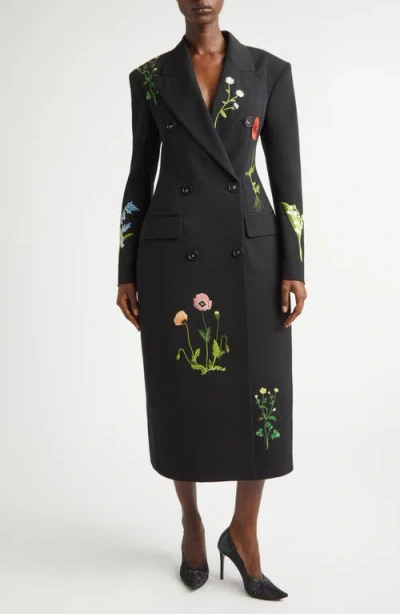 Stella Mccartney Flower Embroidered Wool Coat In Black