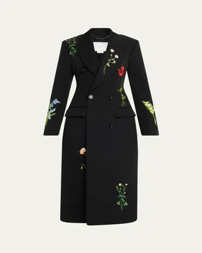 Stella Mccartney Flower Embroidered Wool Double-breasted Long Coat In Black
