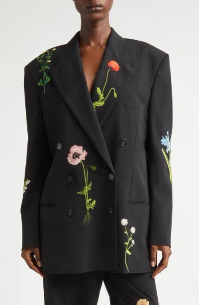Stella Mccartney Oversized Double-breasted Embroidered Wool-twill Blazer In Black
