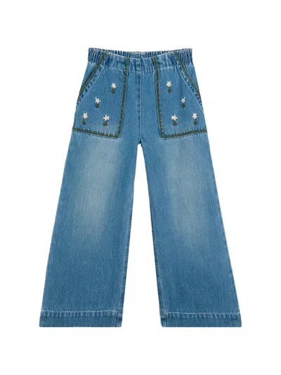 Stella Mccartney Kids' Flower-embroidered Wide-leg Jeans In Blue