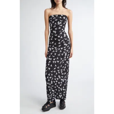 STELLA MCCARTNEY STELLA MCCARTNEY FLYING BIRD HAZE GATHERED STRAPLESS MESH DRESS