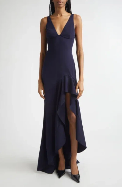 Stella Mccartney Asymmetric Long Dress Ruffle Detail V Neck In Black