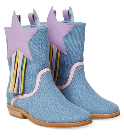Stella Mccartney Kids' Fringed Denim Cowboy Boots In Blue