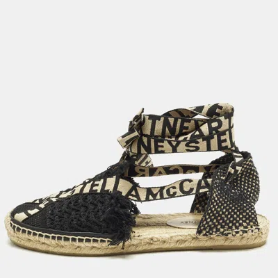 Pre-owned Stella Mccartney Gaia Size 38 Black Knit Fabric Ankle Wrap Espadrille Flats