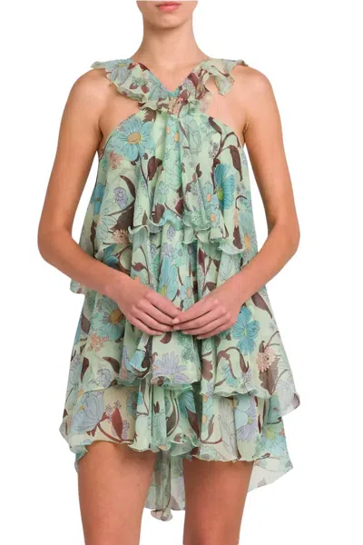 Stella Mccartney Garden Print Frill Mini Dress In Multicolor Mint In Green Multi