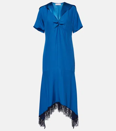 Stella Mccartney Gathered Lace-trimmed Silk Midi Dress In Blue