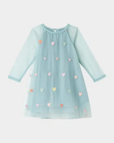 Stella Mccartney Kids' Girl's Embroidered Hearts Frill-sleeve Tulle Dress In Blue