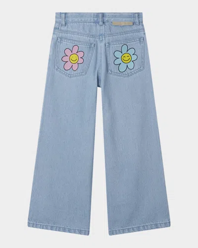 Stella Mccartney Kids' Girl's Flowers Print Wide-leg Denim Pants In Blue