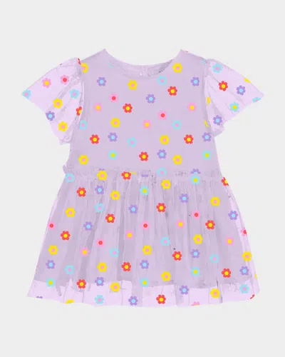 Stella Mccartney Kids' Girl's Flowers Tulle Short-sleeve Dress In Purple