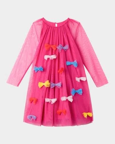 Stella Mccartney Kids' Girl's Multicolor Bow Long-sleeve Tulle Dress In Pink