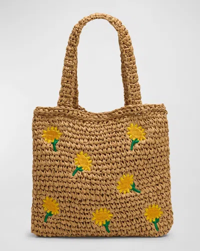 Stella Mccartney Kids' Girl's Raffia Tote Bag With Sunflowers Embroidery In Beige