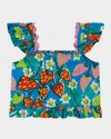 Stella Mccartney Girl's Smocked Strawberry And Floral-print Top In Blue