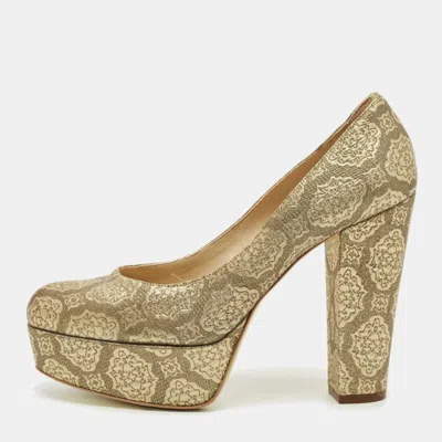 Pre-owned Stella Mccartney Gold Brocade Fabric Block Heel Pumps Size 38.5
