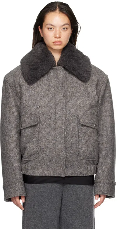 STELLA MCCARTNEY GRAY TEDDY WOOL TRIMMED ZIPPED JACKET