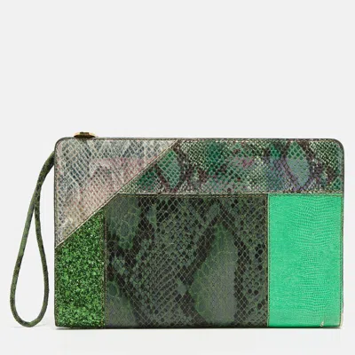 Pre-owned Stella Mccartney Green Faux Python Embossed And Glitter Waverly Patchwork Clutch