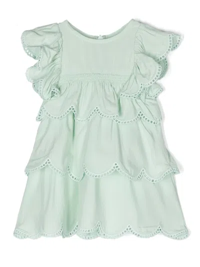 Stella Mccartney Babies' Green Ruffle Dress With Scalloped Hem