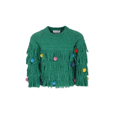 Stella Mccartney Kids' Green Sweater For Girl With Pompoms