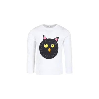 Stella Mccartney Kids' White T-shirt For Girl With Cat Print In Weiss