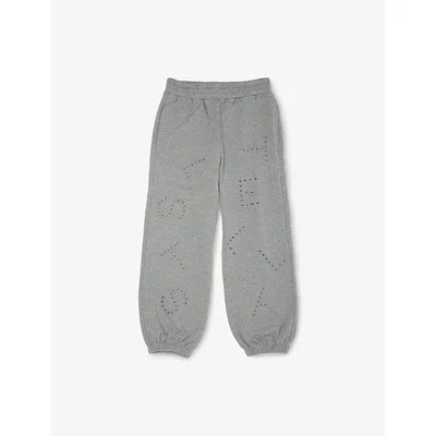 Stella Mccartney Kids' Grigio Scuro Melange Embroidered-lettering Elasticated-cuff Cotton Jogging Bottoms 6-14+ In Gray