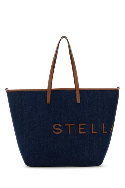 Stella Mccartney Structured Tote Bag With Denim-like Texture And Bold Lettering In Blue