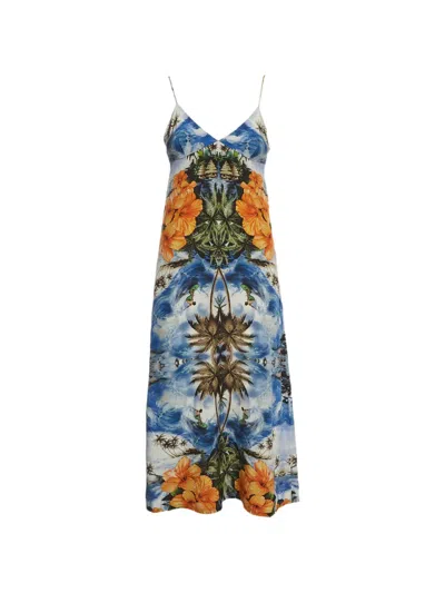 Pre-owned Stella Mccartney Hawaiian-print Silk Midi Dress In Blue