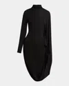 Stella Mccartney Black Asymmetric Midi Dress With High Neck And One Cape Sleeve In Animal Print