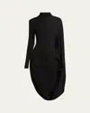 Stella Mccartney Black Asymmetric Midi Dress With High Neck And One Cape Sleeve In Black