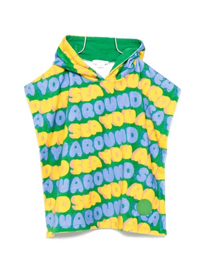 Stella Mccartney Kids' Hooded Graphic Towel Poncho In Green
