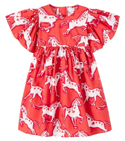 Stella Mccartney Kids' Horse Printed Cotton Poplin Dress In Red