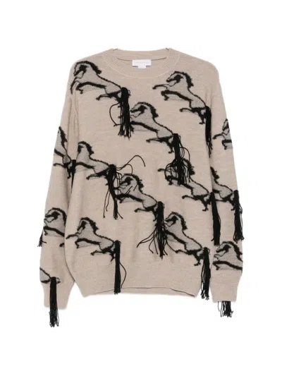 Stella Mccartney Horse-pattern Fringed Sweater In Neutral