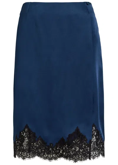 Stella Mccartney Iconic Lace-trimmed Satin Knee-length Wrap Skirt In Blue