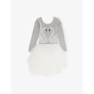 Stella Mccartney Ilver Graphic-print Ruffled Knitted-tulle Dress 4-10 In Silver