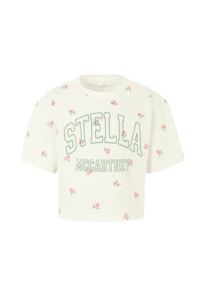 Stella Mccartney Kids' Ivory Crop T-shirt For Girl With Flowers And Logo In Multi