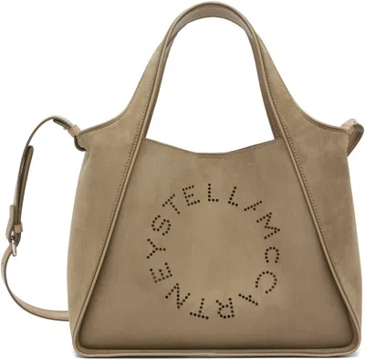Stella Mccartney Khaki Faux-suede Logo & Piping Crossbody Tote In Brown