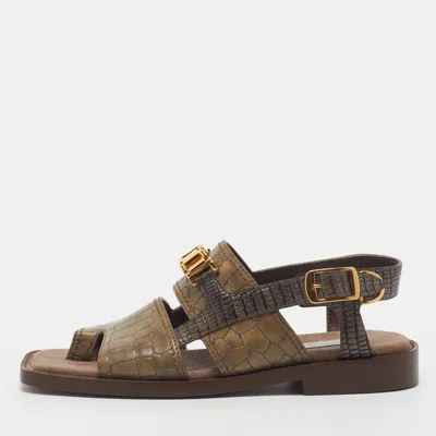 Pre-owned Stella Mccartney Khaki Size 35 Two Tone Croc Embossed Leather Slingback Sandals In Brown