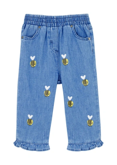 Stella Mccartney Kids Bumblebee Printed Chambray Trousers In Blue Denim