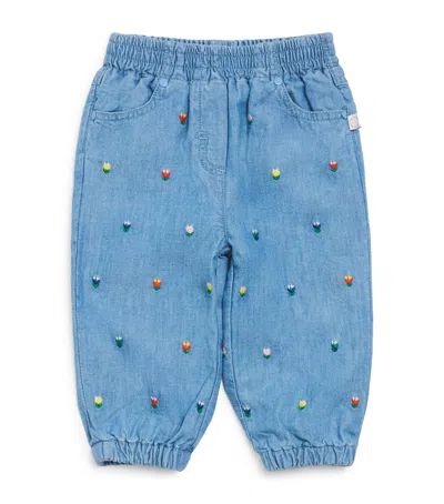 Stella Mccartney Kids Cotton Chambray Flower Embroidered Trousers In Blue