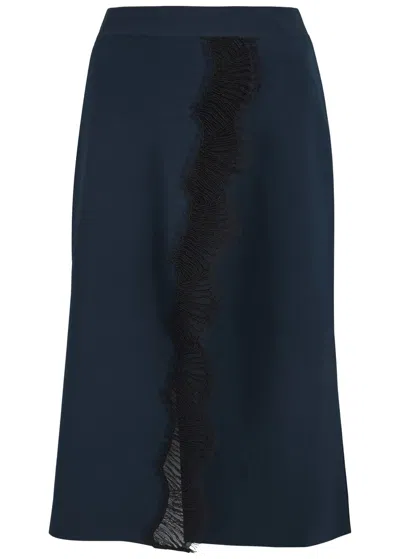 Stella Mccartney Lace-trimmed Stretch-knit Midi Skirt In Navy