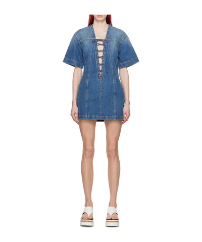 Stella Mccartney Laced V-neck Short-sleeve Vintage Denim Mini Dress In Blue