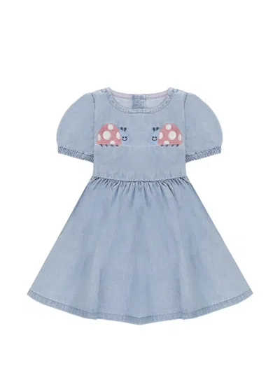 Stella Mccartney Babies' Ladybird-embroidered Puff-sleeve Dress In Blue