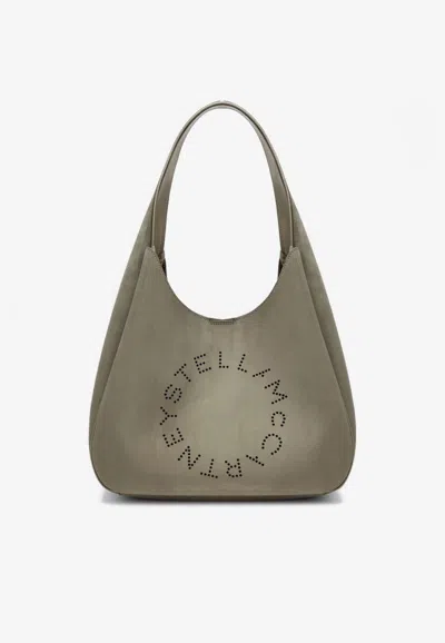 Stella Mccartney Large Perforated Logo Faux Suede Hobo Bag In Green