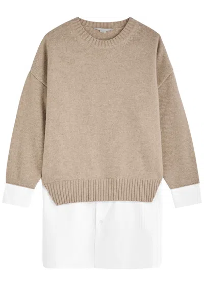 Stella Mccartney Layered Wool And Cotton-poplin Jumper In Beige