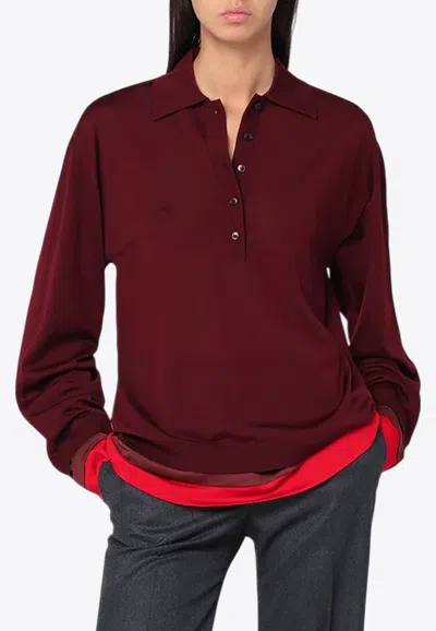 Stella Mccartney Layered Wool Long-sleeved Polo T-shirt In Burgundy
