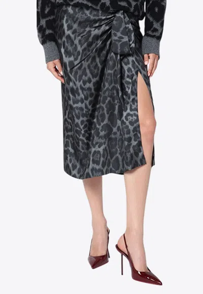 Stella Mccartney Leopard Print Asymmetric Silk Midi Skirt In Gray