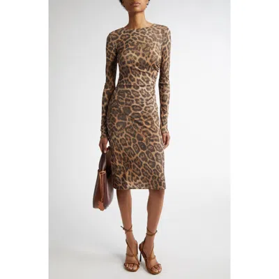 Stella Mccartney Leopard Print Long Sleeve Mesh Dress In Multicolor Brown