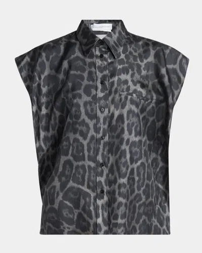 Stella Mccartney Leopard-print Silk Cap-sleeve Button-down Top In Multi