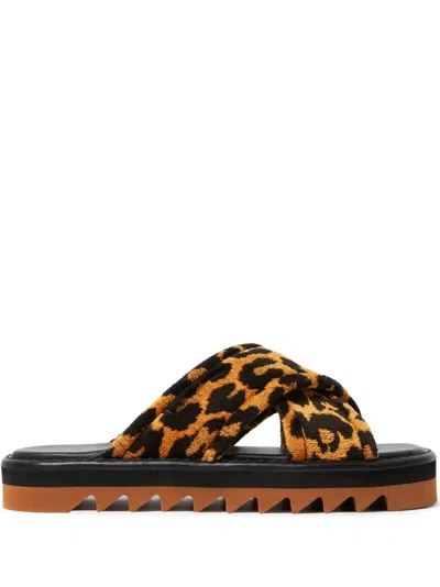 Stella Mccartney Leopard Print Crossed Straps Flat Sandals In Brown