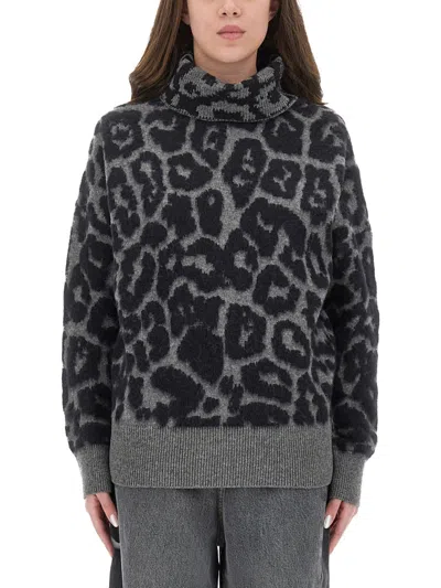 Stella Mccartney Leopard Print Turtleneck Sweater In Wool In Black