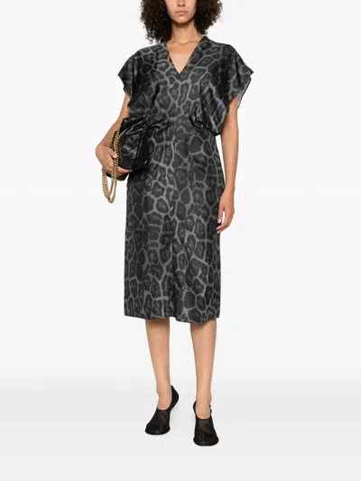 Stella Mccartney Leopard V Neck Midi Dress In Black