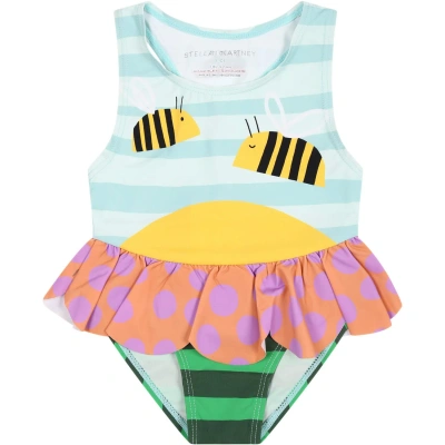 Stella Mccartney Light Blue Swimsuit For Baby Girl With Bees In Multicolor